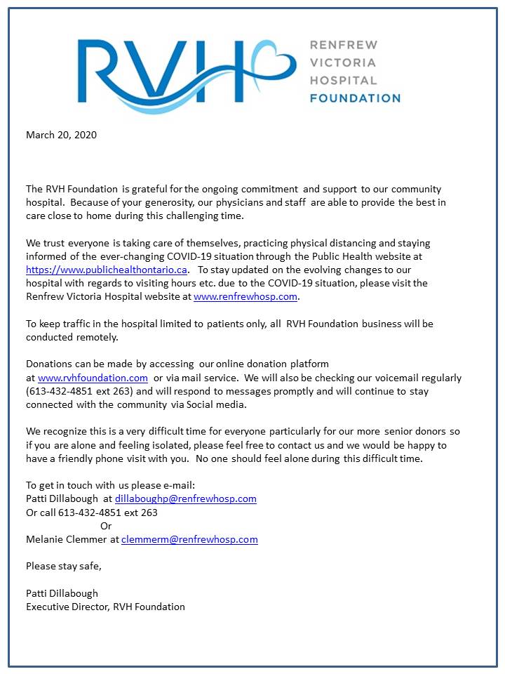 RenfrewVHF's tweet photo. Good Morning! In order to keep traffic in the hospital to medical personnel and patients only during the challenging time, the RVH Foundation business will be conducted remotely. Please stay safe!
#SocialDistancing https://t.co/7qnpInHOfw