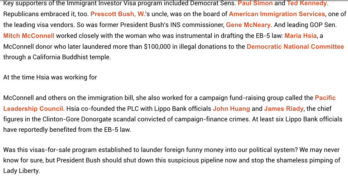 2/In 2001, I also reported on how Chao's hubby Mitch McConnell worked closely w/another Chinagate operative, Maria Hsia, who helped draft the EB-5 program peddling green cards to wealthy Chinese investors.  https://www.chron.com/opinion/editorials/article/Malkin-Investor-visa-program-a-2007484.php