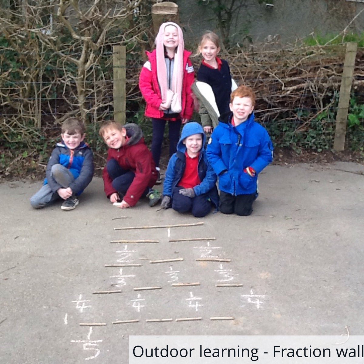 Hendrefoilan's tweet photo. Year 2 have been enjoying their Maths outside today. Group work to create a fraction wall. #hdfp2 #hdfpOutdoorLearning #GroupWork https://t.co/3FUd41Co6n