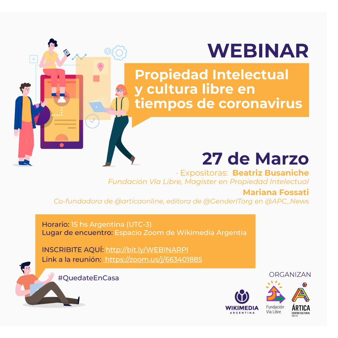 wikimedia_ar's tweet photo. 💻 SEMINARIO ONLINE 💻

Los/as invitamos a participar de "Propiedad intelectual y cultura libre en tiempos de coronavirus". Se realiza el 27/03 a las 15 h (UTC-3/ARG) en el espacio Zoom de @wikimedia_ar. Participan @beabusaniche y @marfossatti. Anotate en https://t.co/flV7feayeh. https://t.co/czf81fiLgR