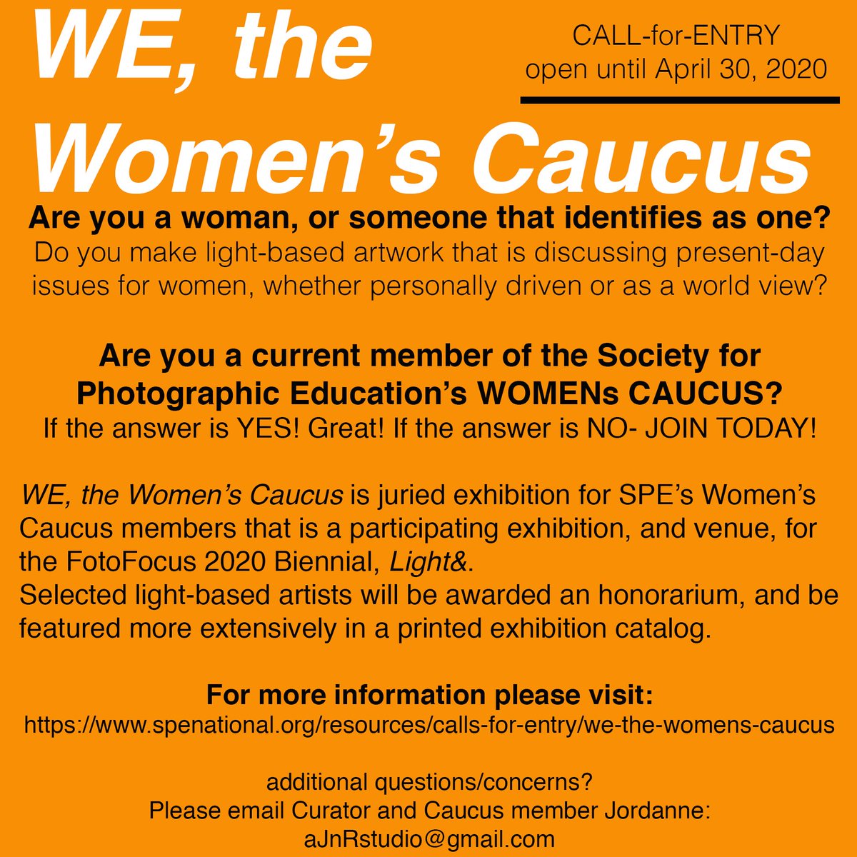 The Women's Caucus is proud to announce our juried exhibition (with awards!) to take place in collaboration with FotoFocus. Apply by April 30th! More details: spenational.org/resources/call… #lightand #fotofocus2020 #callforwork #callforart #spenational #spewomens