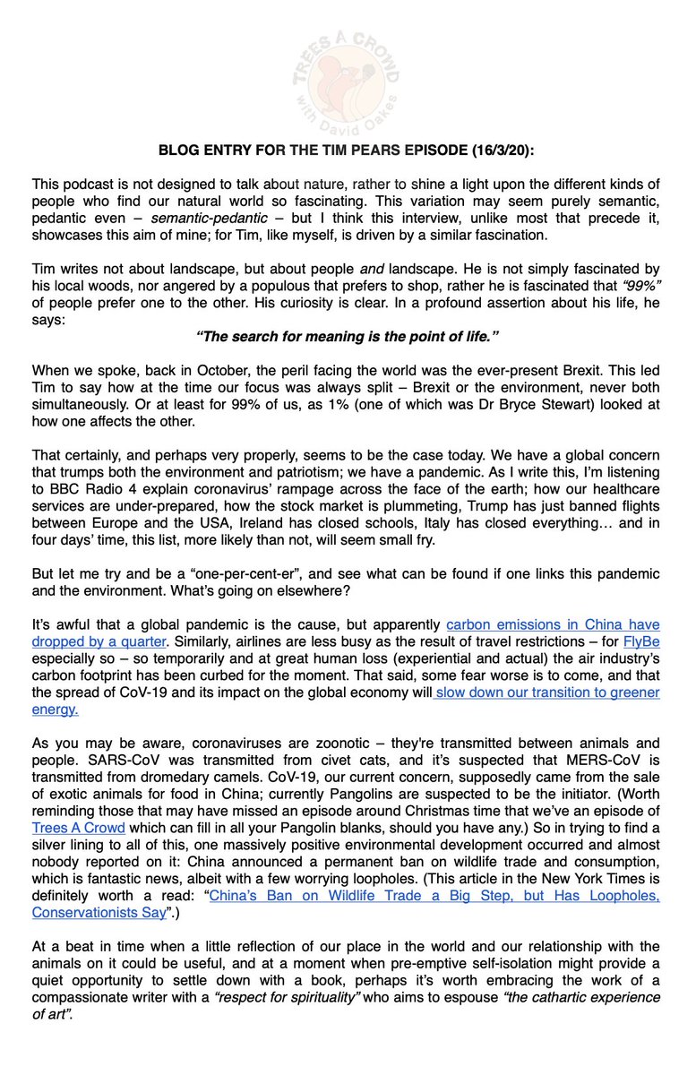 TreesACrowdpod's tweet photo. Unfortunately, our website is still down. Fortunately, our podcast is still live!
The episode with #TimPears is available on @ApplePodcasts, @Spotify: https://t.co/nT1lcIJgw4
And the accompanying blog entry (16th March) which would usually be available online is attached below. https://t.co/R5UhjooicZ