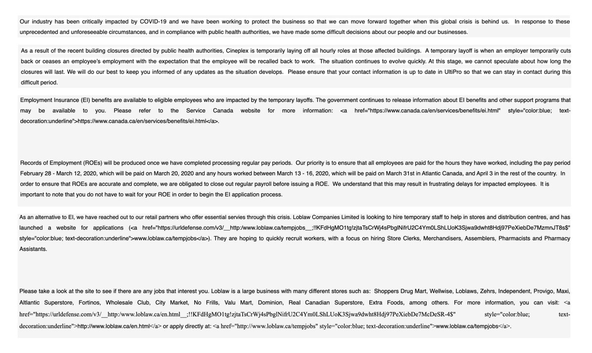 employee12345's tweet photo. In case anyone would like to know how @CineplexMovies is really dealing with their employees post closure. Please share. @CBCToronto @CP24 @blogTO @NarcityCanada @cineworld @Cineplex #COVID19 #coronavirus #COVID19ON https://t.co/KWoo7qRhOz