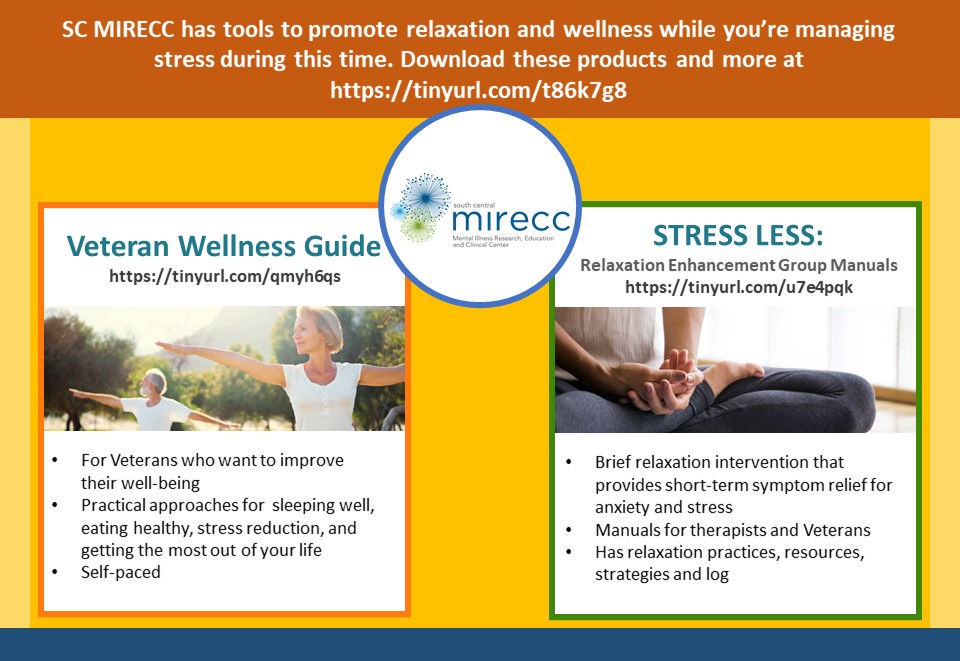 SCMirecc's tweet photo. We have tools to promote relaxation and wellness while you’re managing stress during this time. Download these products and more at https://t.co/Kay2c5Eo7Q. Veteran Wellness Guide: https://t.co/6puuljuhXd. Relaxation Manuals: https://t.co/zvveSZuf6Z https://t.co/6XppSSrPd2