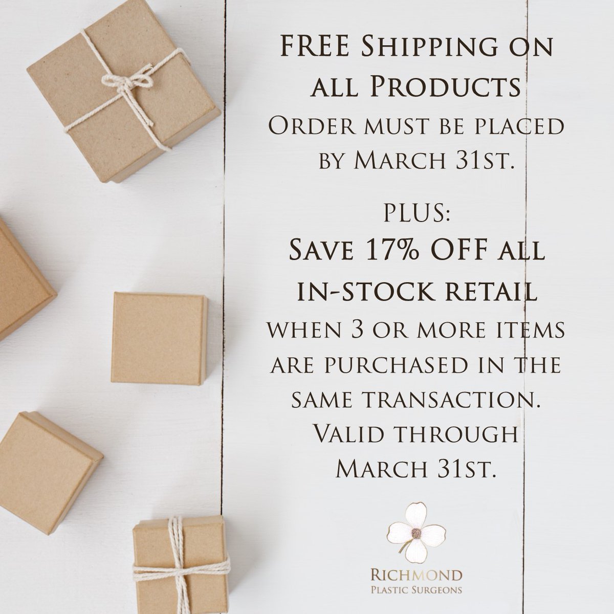 RPSRVA's tweet photo. FREE SHIPPING on ALL product orders placed by 3/31

&amp; Save 17% off when you purchase 3 products or more in the same transaction! Valid through 3/31

Image Skincare
Alastin Skincare
SkinCeuticals
SkinMedica
RPS Skincare

Call &amp; place your order today!
📞804.285.4115 https://t.co/g11ss9F6Uw