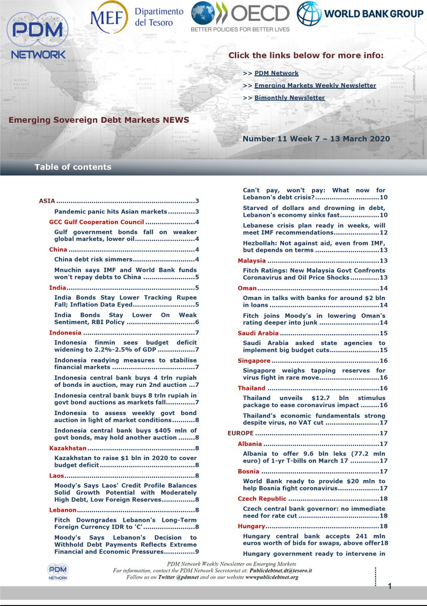 pdmnet's tweet photo. Emerging Sovereign Debt Markets NEWS - WEEKLY NEWSLETTER Number 11/ Week 7 - 13 March 2020 available here >>https://t.co/JBRYhzVYHB #publicdebt #sovdebt #sovbonds #emergingmarkets #CashManagement #sovereigndebt #SovereignBonds #Mef #OECD #WorldBank https://t.co/Q6Lp78OwrH