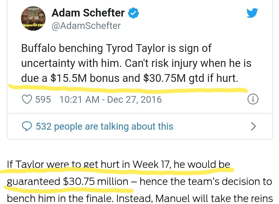 Before the 2016 season is over, the Bills, I kid you not, sit Tyrod Taylor so they do not have to pay him guaranteed money if he gets hurt. The GM (see second photo) wanted to see EJ Manuel.