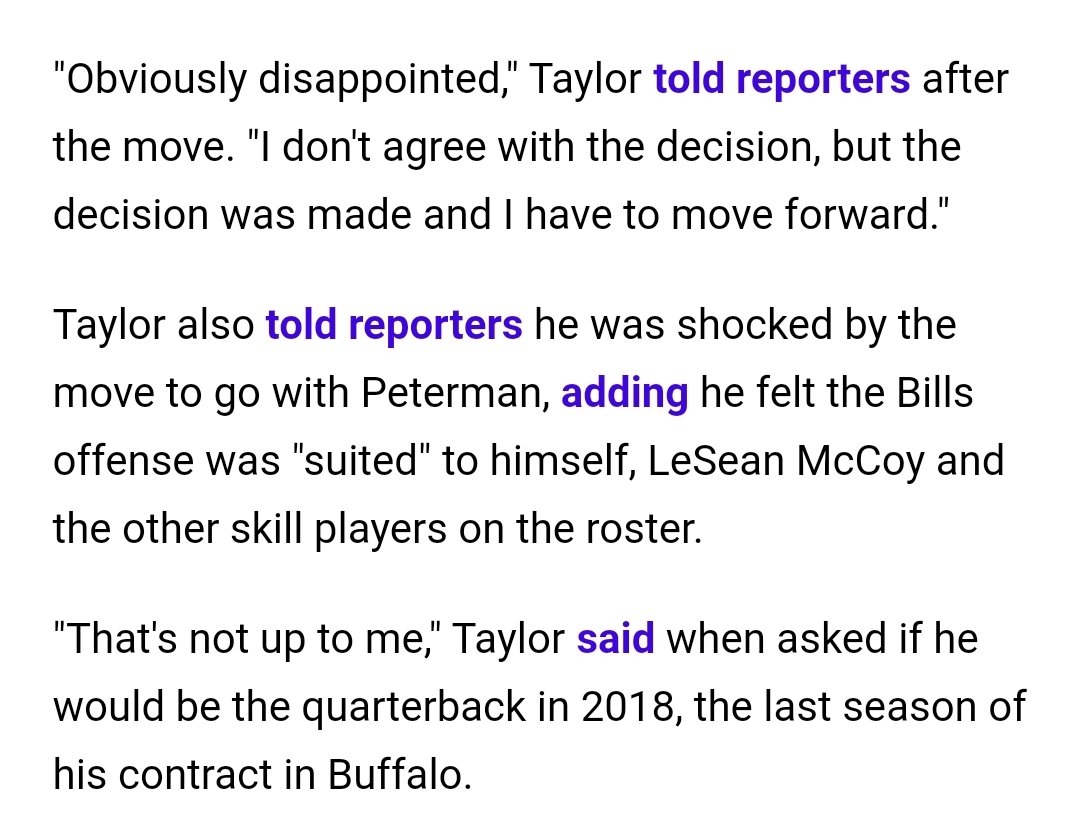 Following a 5-4 start, and a loss to the New Orleans Saints where the only interception he threw was a ball his receiver let bounce off his chest, Taylor was benched for Nathan Peterman.