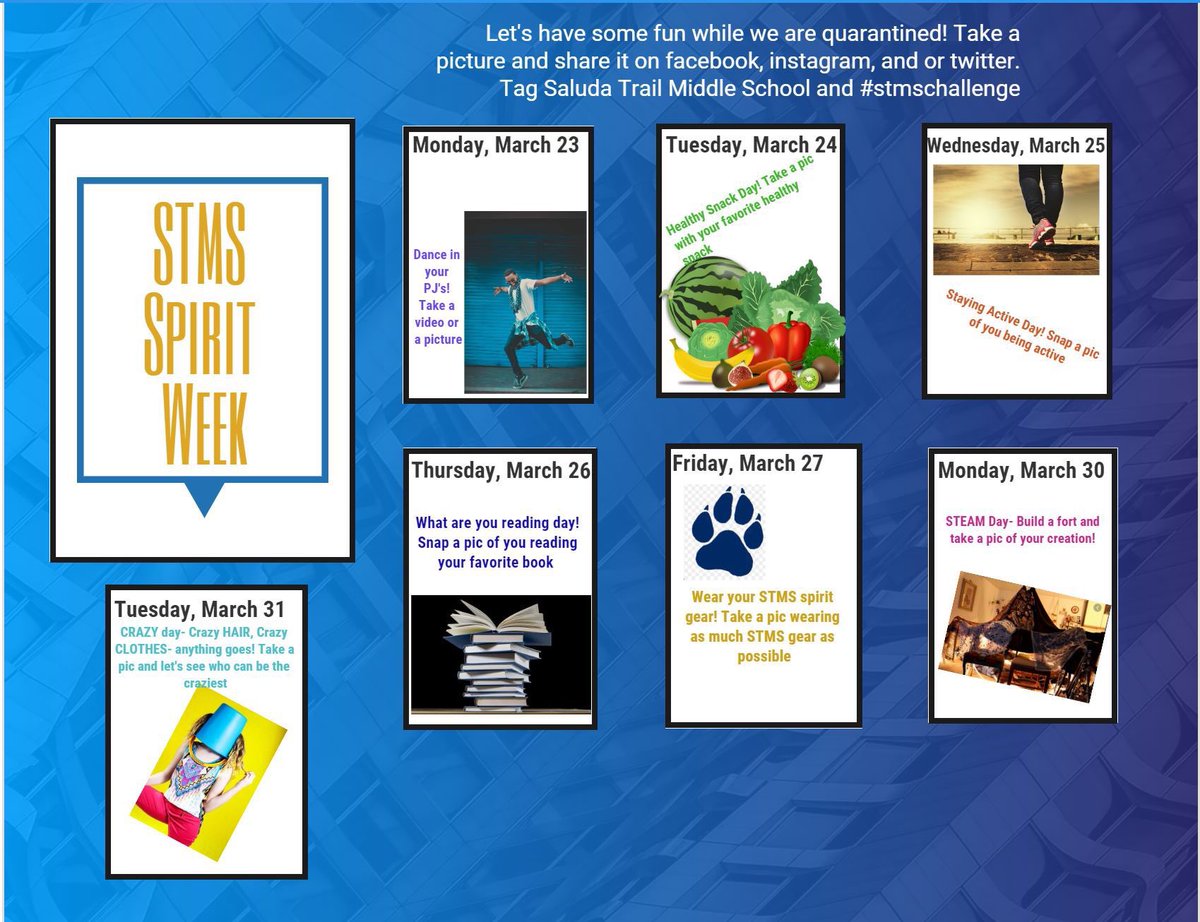 Quarantine Spirit Week! Check out <a href="/STMSWildcats/">Saluda Trail STEAM Middle</a>. Let’s have some fun with this. #stmschallenge