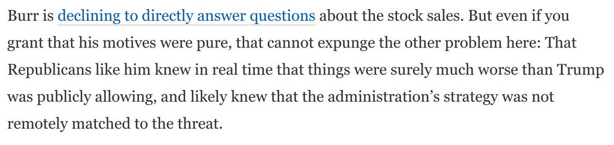 Here's the key point.This scandal goes far beyond just the stock sales.It opens up a vast new line of inquiry: What were lawmakers privately told by Trump officials about just how bad this was going to get? And when were they told it?More here: https://www.washingtonpost.com/opinions/2020/03/20/three-big-takeaways-stunning-gop-stock-selling-revelations/