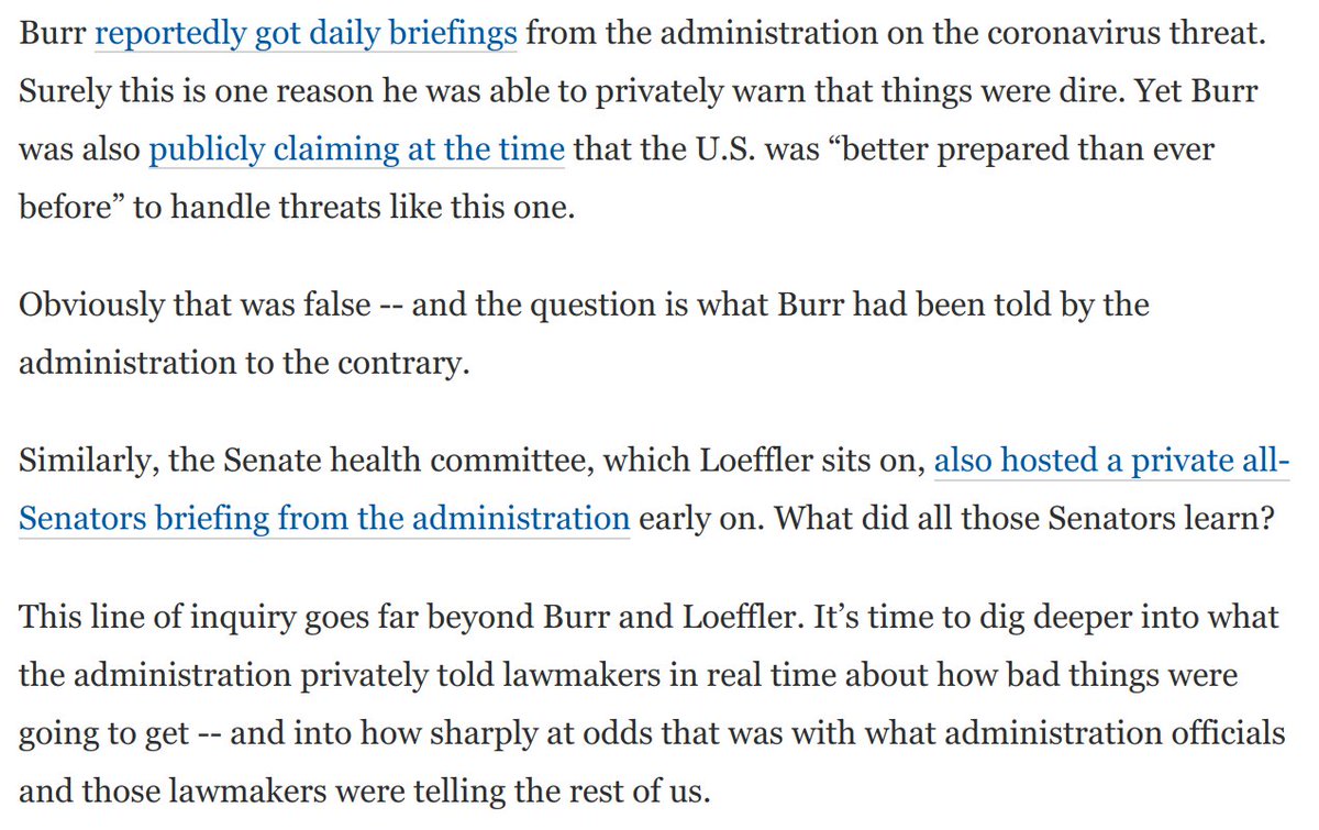 Here's the key point.This scandal goes far beyond just the stock sales.It opens up a vast new line of inquiry: What were lawmakers privately told by Trump officials about just how bad this was going to get? And when were they told it?More here: https://www.washingtonpost.com/opinions/2020/03/20/three-big-takeaways-stunning-gop-stock-selling-revelations/