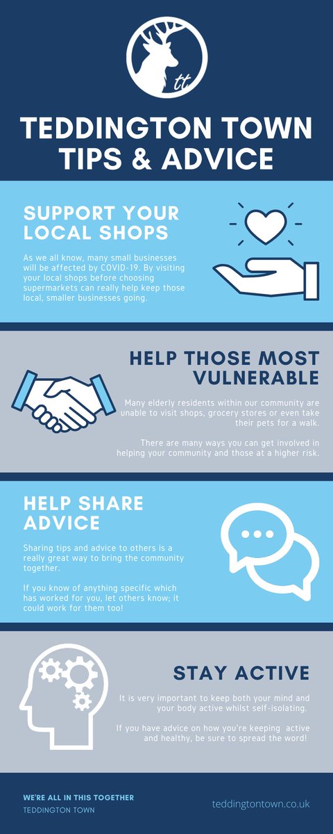 Here are some tips and advice on how we can all help our community.

If you have any tips you would like to add, please comment below 😊👇

We're all in this together!

Love, the Teddington Town Team.

#StrongTogether #Teddington #Community #TeddingtonCommunity