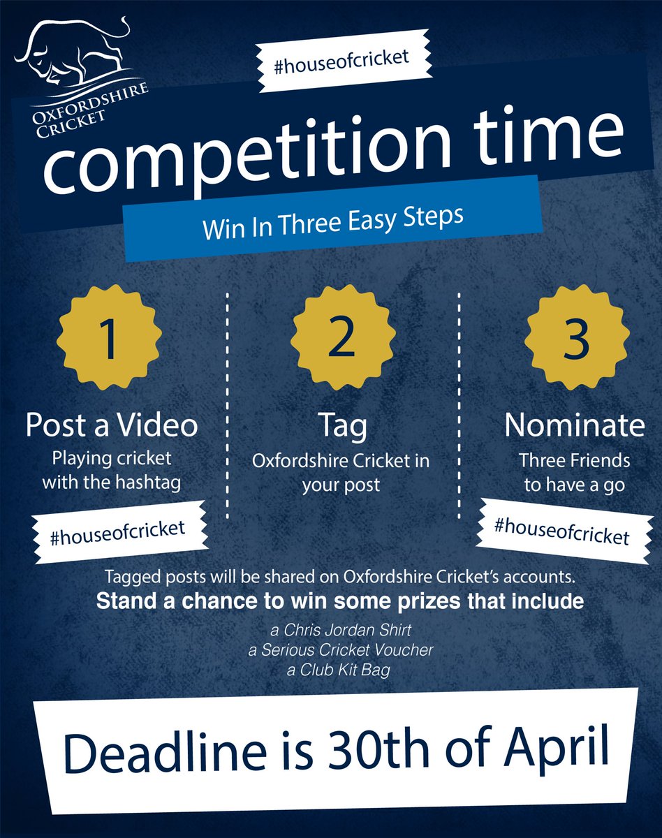 It’s competition time 
#houseofcricket

1- Post a video playing 🏏 with the hashtag #houseofcricket

2- Tag <a href="/Oxoncb/">Oxfordshire Cricket</a> 

3- Nominate 3 friends  

Stand a chance to win prizes that include:🌟
- a Chris Jordan England Shirt
- a serious cricket voucher 
- a club cricket bag
