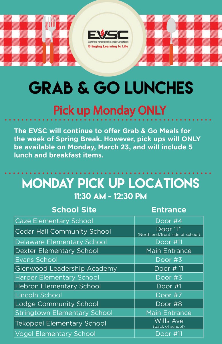 EVSC1's tweet photo. Expanding our Grab &amp; Go lunches to next week for spring break. Make sure you come on Monday where we will distribute lunch and breakfast items for the entire week! See flyer for details. More information later on the Grab &amp; Go program for the weeks following spring break. https://t.co/IF00GAeuIG