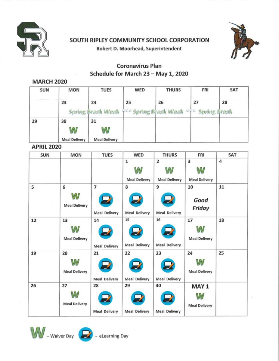 Here is the <a href="/SR_Raiders/">South Ripley Schools</a> Education Plan through May 1 in calendar form.  #RaiderPride #SRaiders