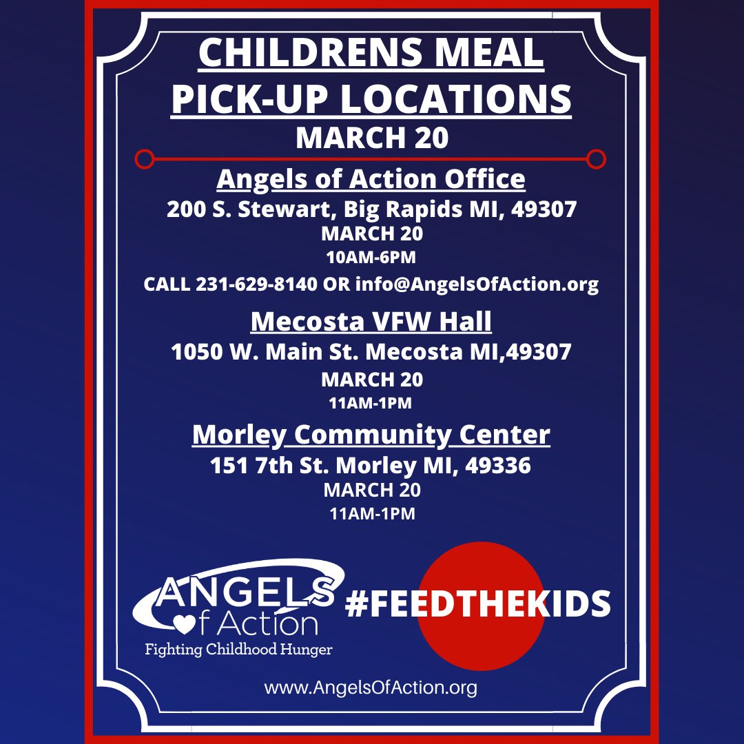 angelsofaction's tweet photo. ***UPDATE*** CHILDRENS MEAL PICK-UP LOCATIONS &amp; TIMES FOR FRIDAY, MARCH 20TH https://t.co/TGQricwJ9m