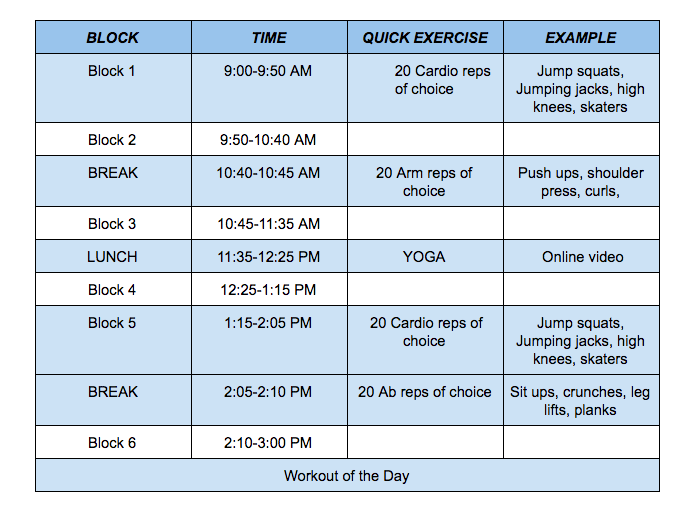 MsF_FTPS's tweet photo. Being at our computers all day it is easy to forget to stand up &amp; MOVE. I created a schedule to make sure that I do not stay seated for long. You can set alarms on your phone to get up&amp; do 20 QUICK repetitions. Feel free to share! @MrThomas_FTPS @RDC_FTPSchools  @AD_FTPSchools https://t.co/lWMztSZoyp