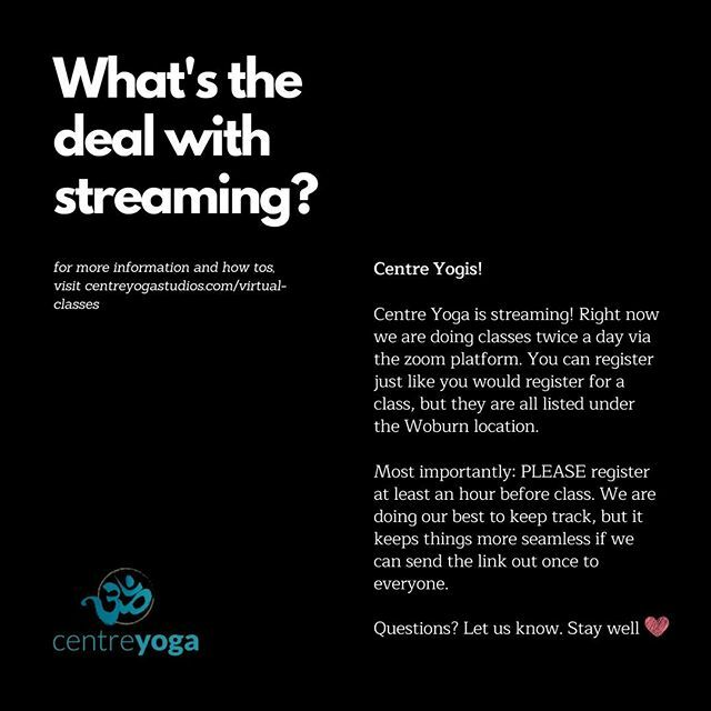 CentreStudios's tweet photo. We are #streamingyoga online EVERY SINGLE DAY. Right now we've got two classes a day, but will add as needed to bring you what you need. Registering is the same as you would register for studio classes, but you'll get a link instead of getting in your car! For all the detail… https://t.co/kX8nRJynN0