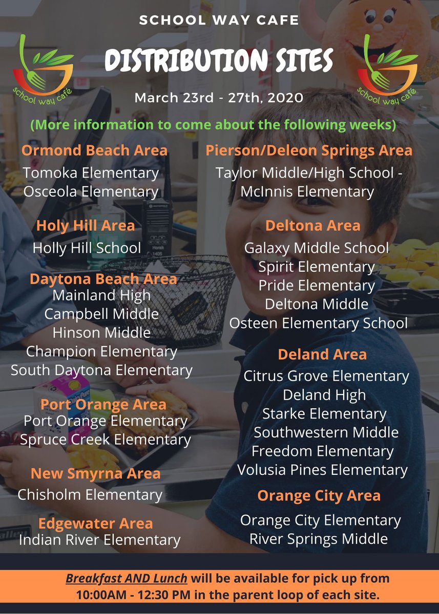 Breakfast &amp; Lunch at no cost to all VCS students from March 23rd - 27th in the parent loop at each school. More information to come about the following weeks. 
 <a href="/FLFNW/">FLFNW</a> @FL_FNW  <a href="/FDACS/">Florida Dept. of Agriculture & Consumer Services</a> #FDACS #FDACSmeals <a href="/volusiaschools/">Volusia County Schools</a> <a href="/SchoolLunch/">SchoolLunch</a> #SchoolLunch #SchoolBreakfast 🍓🍌🥦🍊🥕