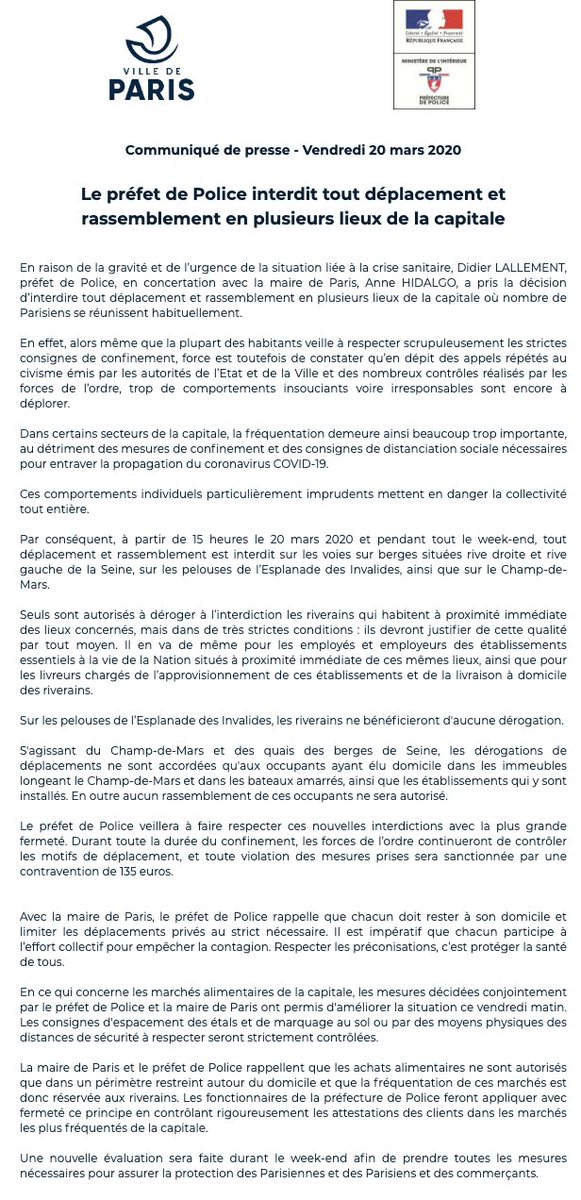 Anne_Hidalgo's tweet photo. [THREAD] En raison de la gravité et de l’urgence de la situation liée à la crise sanitaire, le préfet de Police, en concertation avec la Ville, a pris la décision d’interdire les déplacements et les rassemblements en plusieurs lieux de la capitale. ⤵️ #Coronavirus #Covid_19 https://t.co/Gmw4JZN8uW