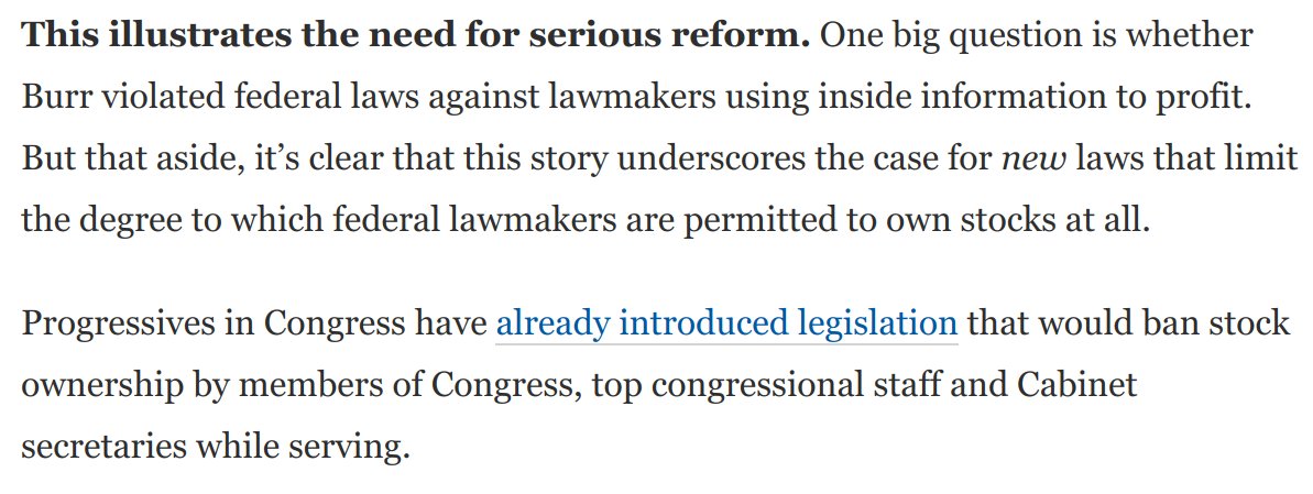 And one more really important angle here:This scandal dramatically illustrates the need for new reforms. Progressives have long pushed for a ban on members of congress owning stock. This Richard Burr scandal shows why: https://www.washingtonpost.com/opinions/2020/03/20/three-big-takeaways-stunning-gop-stock-selling-revelations/