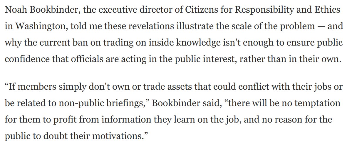 And one more really important angle here:This scandal dramatically illustrates the need for new reforms. Progressives have long pushed for a ban on members of congress owning stock. This Richard Burr scandal shows why: https://www.washingtonpost.com/opinions/2020/03/20/three-big-takeaways-stunning-gop-stock-selling-revelations/