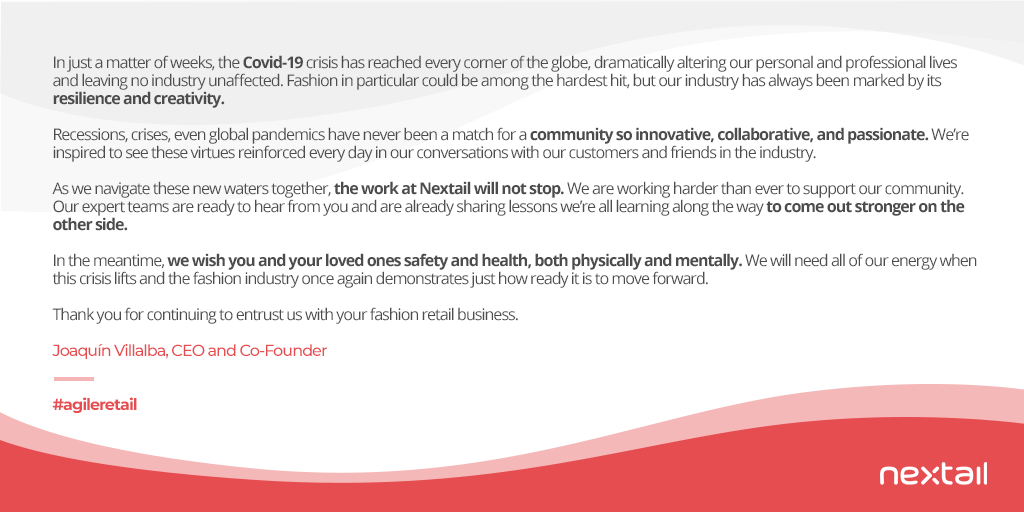 Nextail_co's tweet photo. The #fashion #retail industry has always been marked by its #resilience and #creativity, and we will come out stronger on the other side together.

#agileretail #Nextailers #covid_19 #stayathome https://t.co/OXPVss1WUt