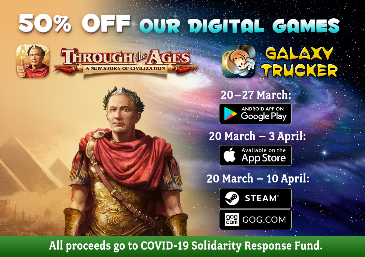 czechgames's tweet image. Dear CGE fans and friends – starting today, both our Through the Ages and Galaxy Trucker games are on sale across all platforms. All proceeds from the sales will be donated to COVID-19 Solidarity Response Fund. Let’s help together and have a bit of fun doing so! #GamersVsCovid19