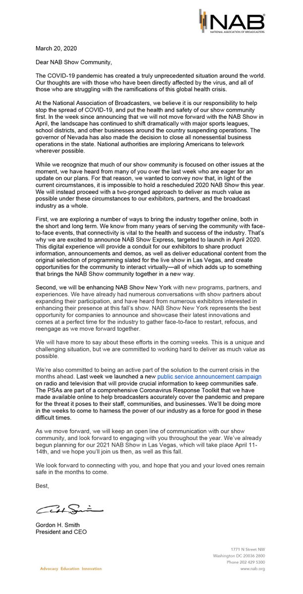 NAB has come to the difficult but unavoidable conclusion that we cannot reschedule the 2020 <a href="/NABShow/">NAB Show</a> this year. We will be unveiling a new digital offering called NAB Show Express, and will also be enhancing the NAB Show New York this fall. #NABShow
ow.ly/jDs450yR1ok