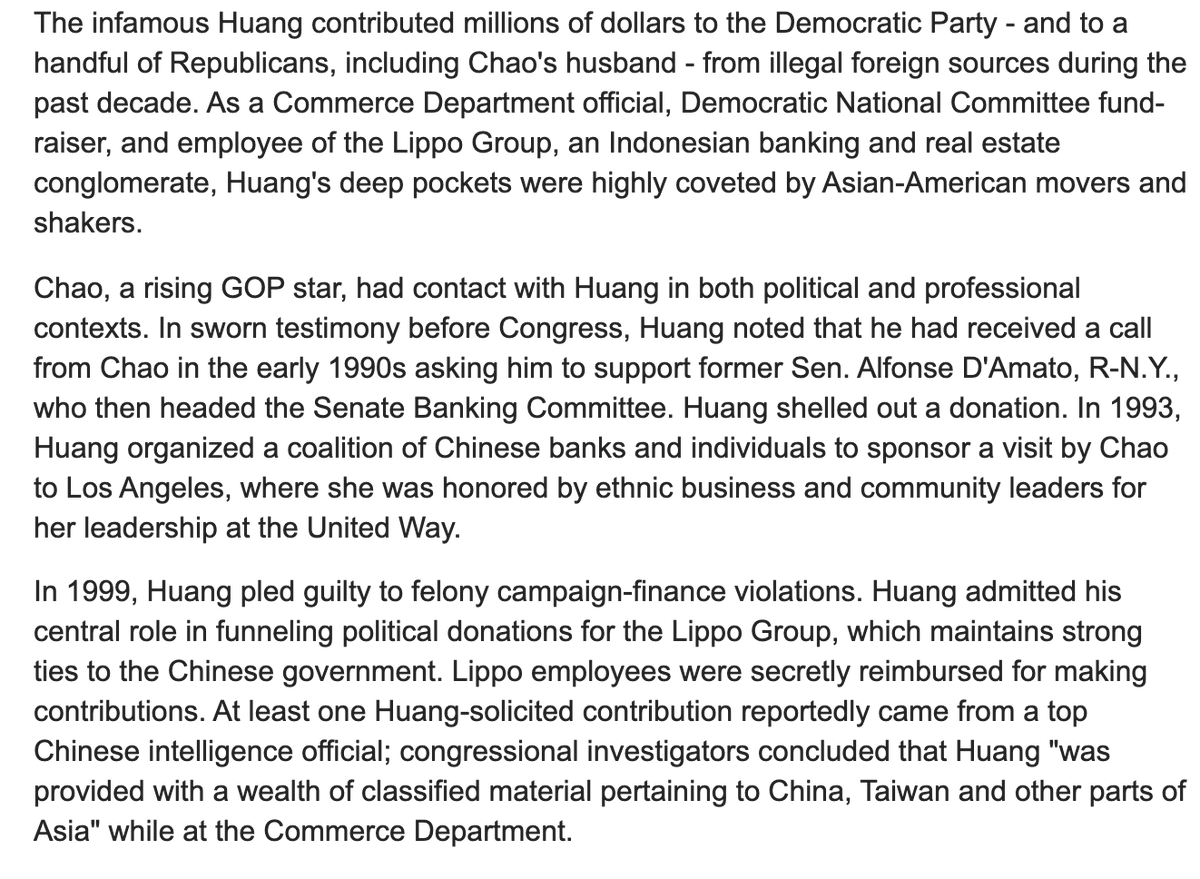 THREAD: Elaine Chao. 1/ My reporting on her shady ChiCom ties & the national security threat of her Swamp crony deals dates back 2 decades. In 2001, I reported on Chao's close ties to Clinton-Gore Chinagate donor/Lippo Group operative John Huang. https://products.kitsapsun.com/archive/2001/01-17/0001_michelle_malkin__some_questions_a.html