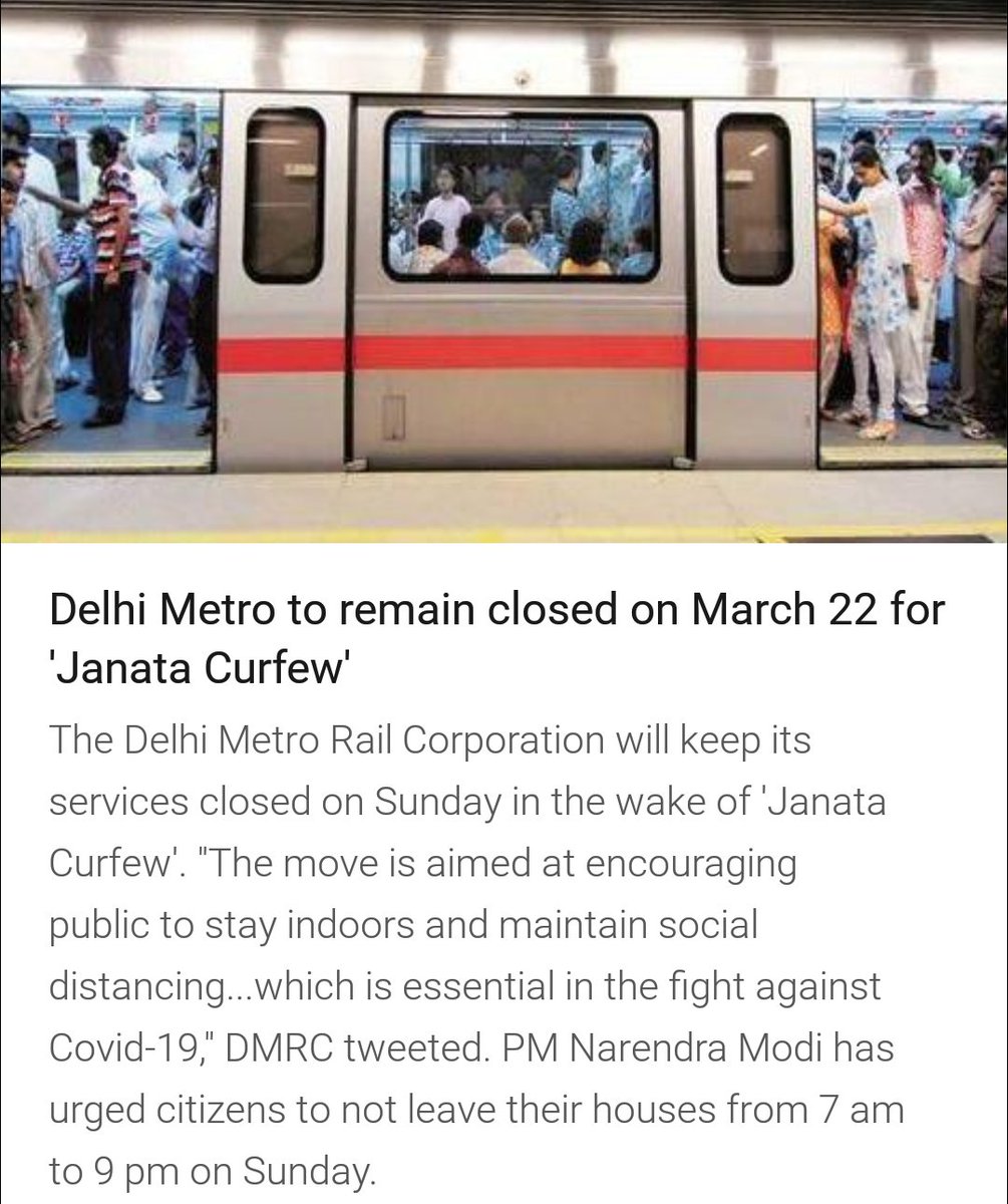 DevendraTripati's tweet photo. #Covid_19 #Delhi_metro #Janata_Curfew 
#DMRC  will keep its services closed on Sunday. https://t.co/VMWInmdfeN