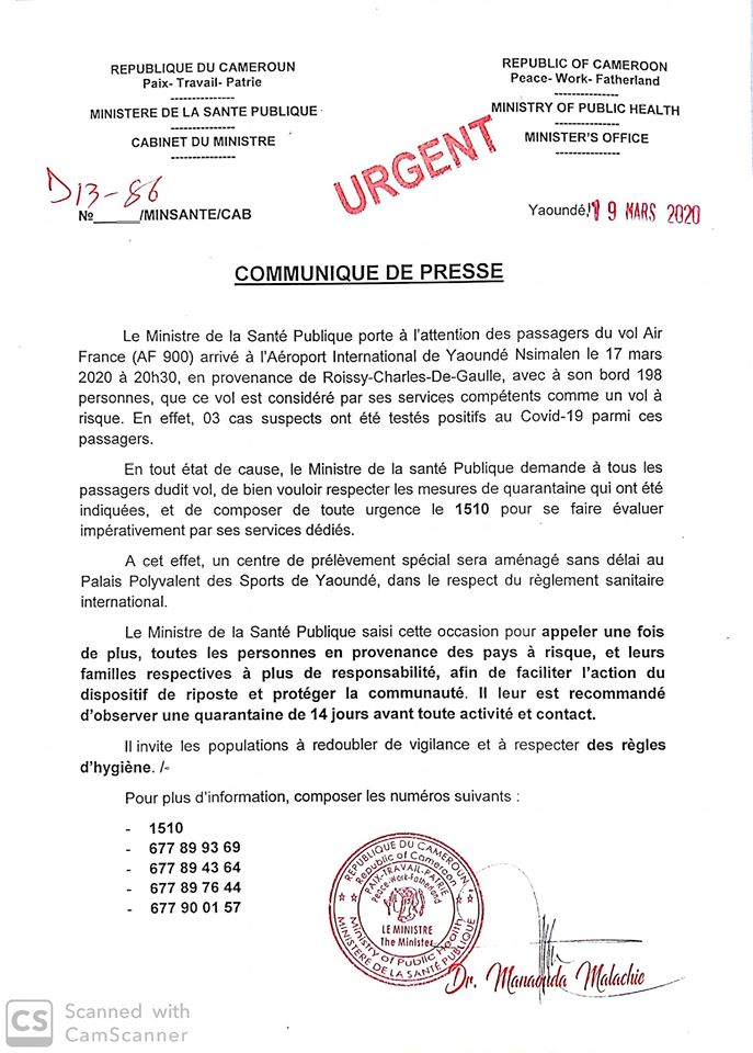 CouspC's tweet photo. les passagers du vol Air France (AF 900) du 17 mars 2020 sont priés de se rendre au Palais Polyvalent des Sports de Yaoundé pour se faire prélever  ( uniquement les passagers de ce vol) https://t.co/gbTFF3ZrHN