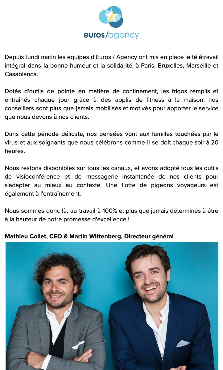 Message de la direction d'Euros / Agency #RestezChezVous