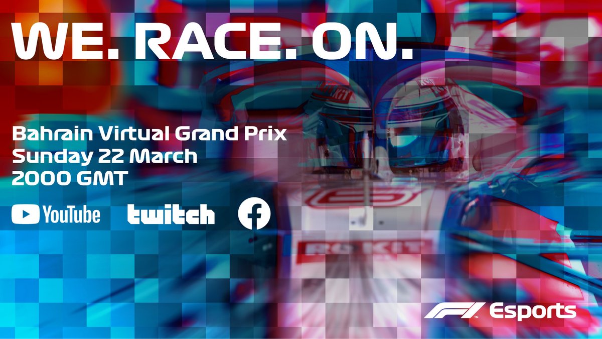 We race on 👊 The Bahrain Virtual Grand Prix is here. Coming Sunday, 20:00GMT ⏰ Featuring #F1 drivers, #F1Esports stars, and more!
