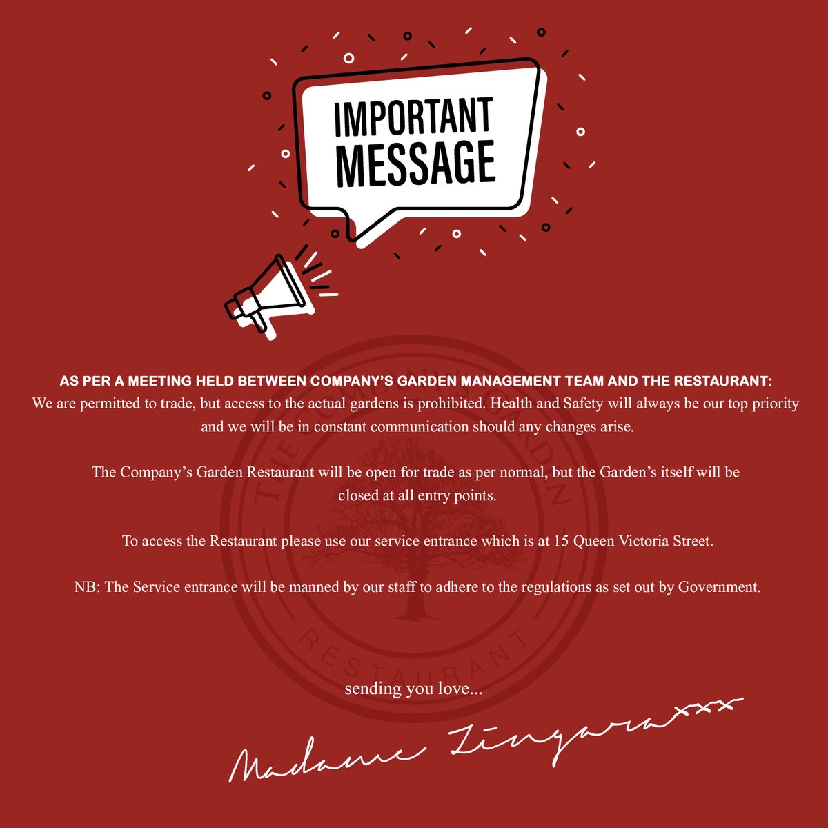 #Covid19Update 

As per a meeting held between Company’s Garden management team and the restaurant:

We are permitted to trade, but access to the actual gardens is prohibited. 

#COVID19SouthAfrica #CompanysGardenRestaurant