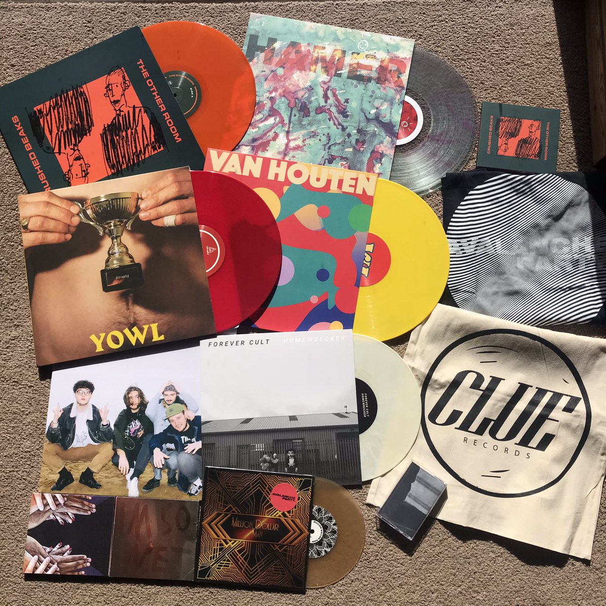 Some of the merch on our <a href="/Bandcamp/">bandcamp</a> store. They’re waiving their fee for 24 hours to help support independent artists + labels.
We've got vinyl, T's, CDs + totes available from just £1.99: cluerecords.bandcamp.com