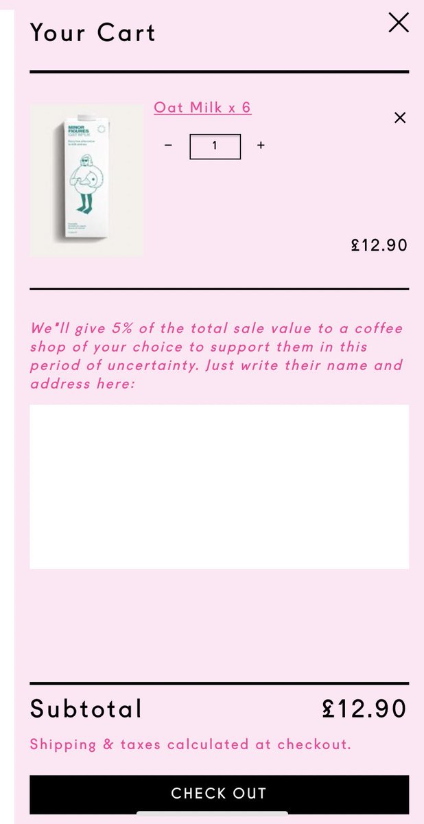 katiexdrink's tweet photo. head’s up to anyone who’s running low on plant milk, @MinorFigures still have oat milk in stock and with the discount code you can get 6 bottles for £11.61 with free delivery AND they’re giving 5% of sale value to a coffee shop of your choice! mine went to @humblestofp 💛 https://t.co/RoGNvOpmNw