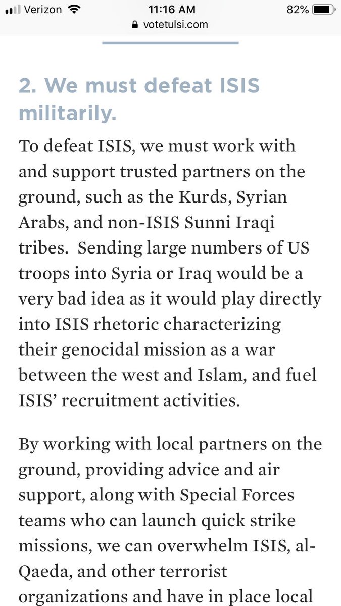 "A soldier's heart," an army Major calls herself "A hawk on  'The War on Terror.'"
Pacifists hear endless war in Tulsi Gabbard's words.
The U.S. and trusted partners “on the ground" "must defeat ISIS and other jihadists" "militarily" —
"quick strike missions."