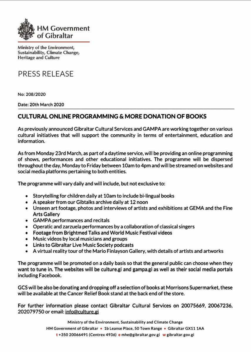 GibCulture's tweet photo. Cultural Online Programming &amp; More Donation Of Books!
#gibraltarculturalservices#culture https://t.co/XVgulE9ppp