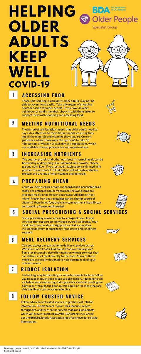 The experts from our <a href="/BDA_olderpeople/">BDA Older People Specialist Group</a> have put together some top tips for helping older adults keep well during the #COVID19 outbreak. You can find more advice and information on our public webpages: socsi.in/hBbmJ #Coronavirus #WhatDietitiansDo