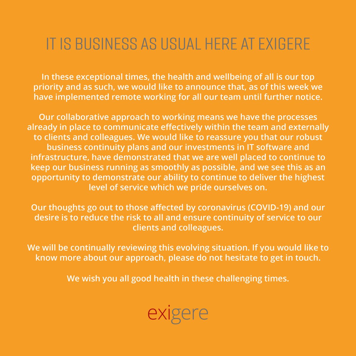 exigere's tweet photo. It is business as usual here at exigere!
Here is an update on our current approach during these exceptional circumstances.
#businessasusual #work #agileworking #remoteworking #collaboration #teamwork #makingprojectshappen https://t.co/rM8XeMb92x