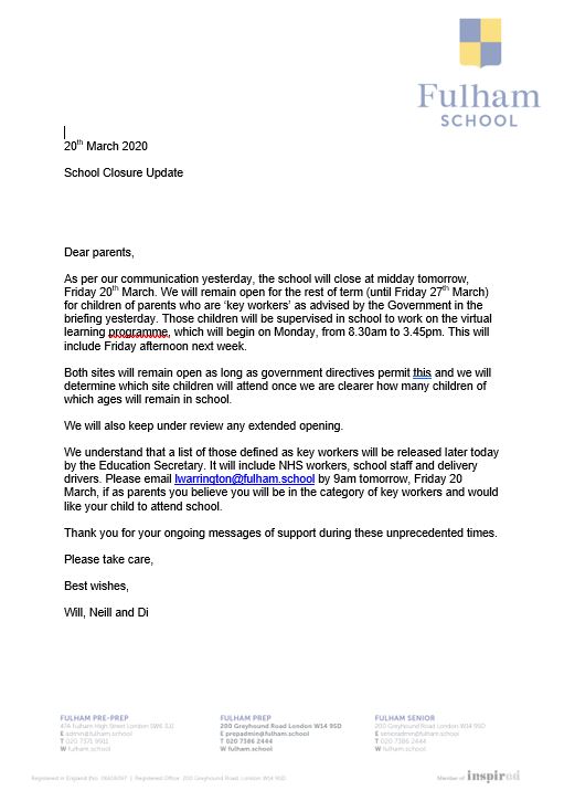 School Closure Update 
In light of the official order from the British Government, Fulham School will be closed until we are advised we can reopen. We have put in place a virtual learning curriculum for all students. We will continue to welcome children of keyworkers into school.