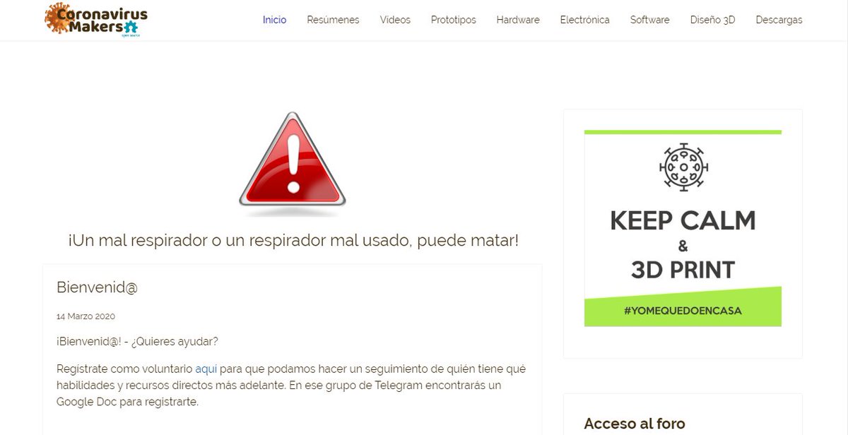 Makers y otros profesionales se están organizando mediante iniciativas como #Coronavirusmakers para la fabricación de EPIs y material sanitario destinado a combatir el #COVID19 

Si crees que puedes echar una mano: coronavirusmakers.org/index.php/es/