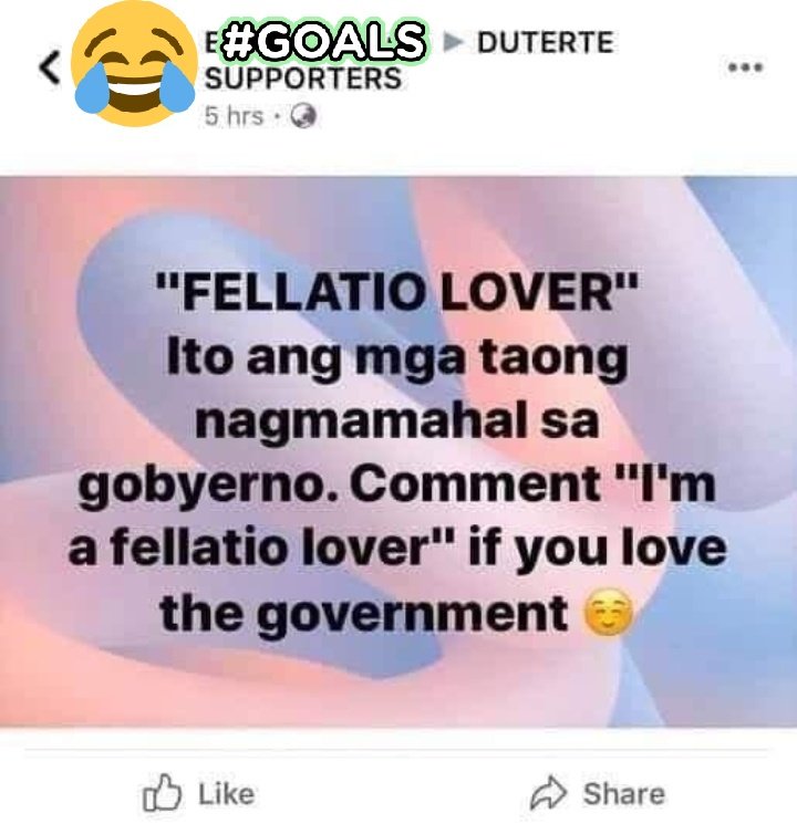 the_pearl_lover's tweet image. Sa kung sino man nag invade sa page ng Duterte Supporters, one thing shows...

Hindi sila nagbabasa or nag riresearch kung ano ang meaning ng words na ginagamit for them to use.

Grabe tawa ko dito, haha! Can anyone tell the DDS kung ano ang meaning ng "Fellatio?" 😂😂😂