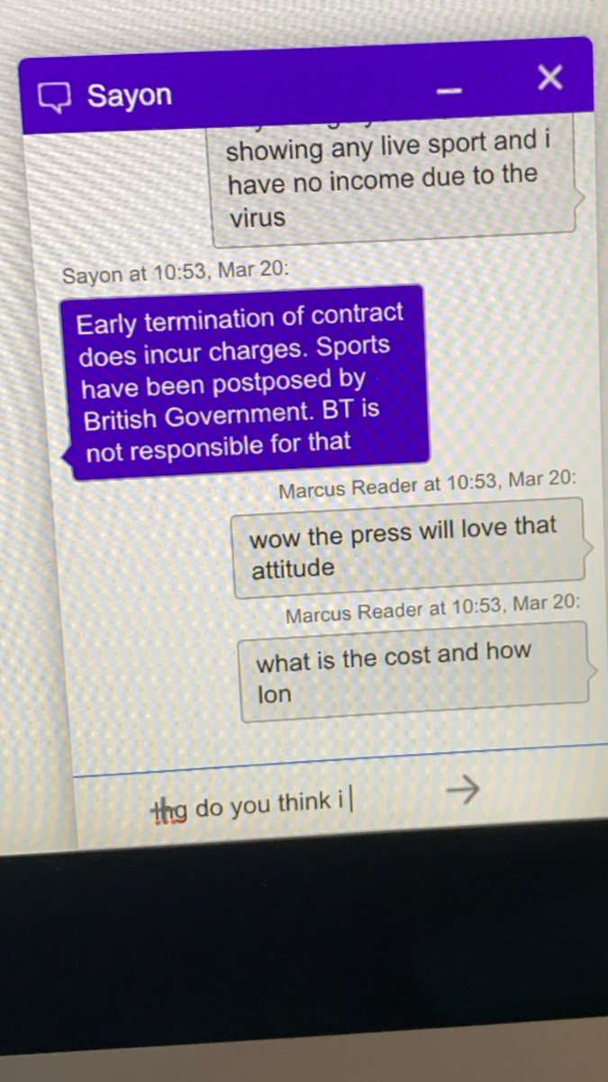 MaccaReader's tweet photo. Thanks for your amazing support in these times @btsport @bt  just been told they want a cancellation fee for my #btsports package even though we have no work due to the virus and they are showing NO live sport. Thanks a lot https://t.co/uXvOZo2wYd