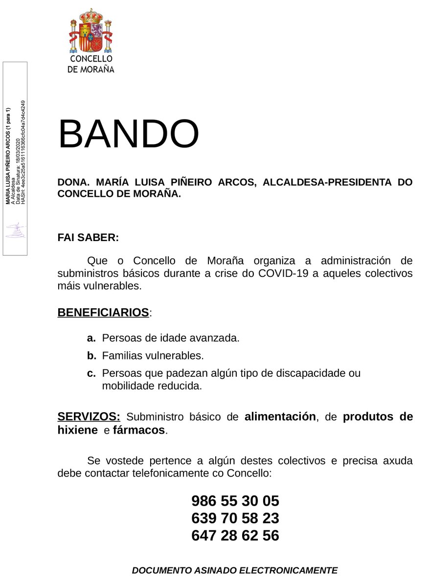 ConcelloMorana's tweet photo. O Concello de #Moraña activa un servizo para levar aos domicilios dos colectivos máis vulnerables os subministros básicos, como alimentos, produtos de hixiene ou medicamentos. 
Chama ao 986 553005, 639 705823 ou 647 286256. 

Grazas pola vosa colaboración!
#MorañaQuedaNaCasa https://t.co/fplUtzcOOz