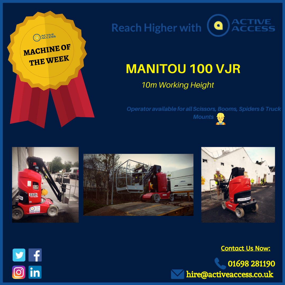 This week we are featuring the Manitou 100 VJR as our #machineoftheweek.

For any quotes on this machine, contact our Hire Desk who are happy to help with all enquiries:

☎01698 281190☎
📧hire@activeaccess.co.uk📧