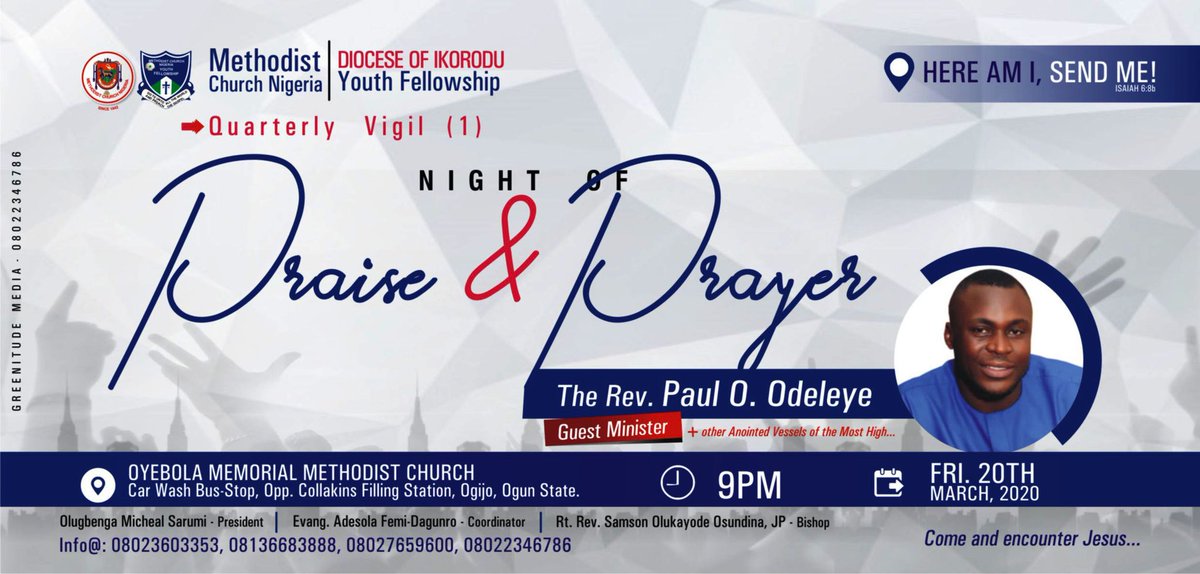 @realOluMichealS Join us tonight, blessing the name of the Lord in every situation...
@MCNYOUTH @BisiriyuSamson @PBMC_YF @dailey_opeyemi @BemiNeedles  @bee_rocks_world @mcf_enuguzone @Olajide65025122 @Adesola_layo @AremoAdeolu @MyfYouth @Ben_gah @iam_jimmyjizzle @Iam_CatLysT @OdugboseAdefol1