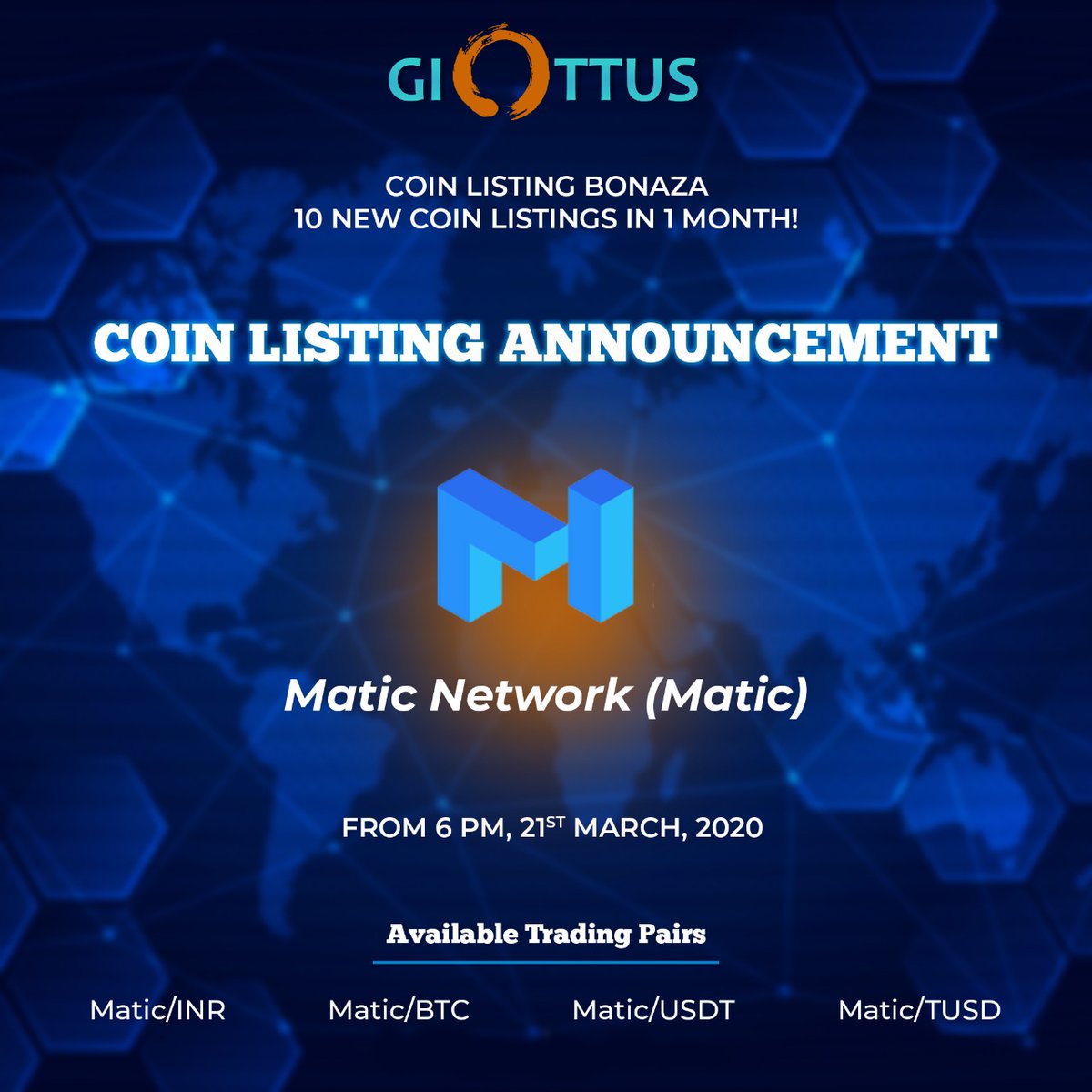 Trade @maticnetwork at @giottus from tomorrow 6pm #cryptocurrency #bitcoin # matic #maticnetwork #giottus #trading #crypo #blockchain #blockindia #coins  #btc #inr #usdt #money