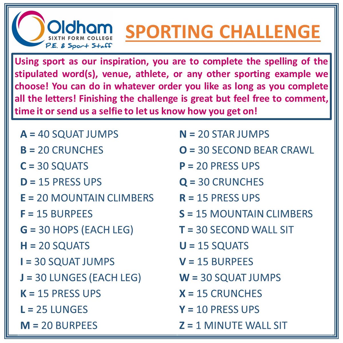 Osfc Pe Dept Day 3 Of Our Challenge Our Chosen Athlete To Spell Today Is Victoria Pendleton Complete Each Letter Of Her Name To Do Your Work Out Send Us